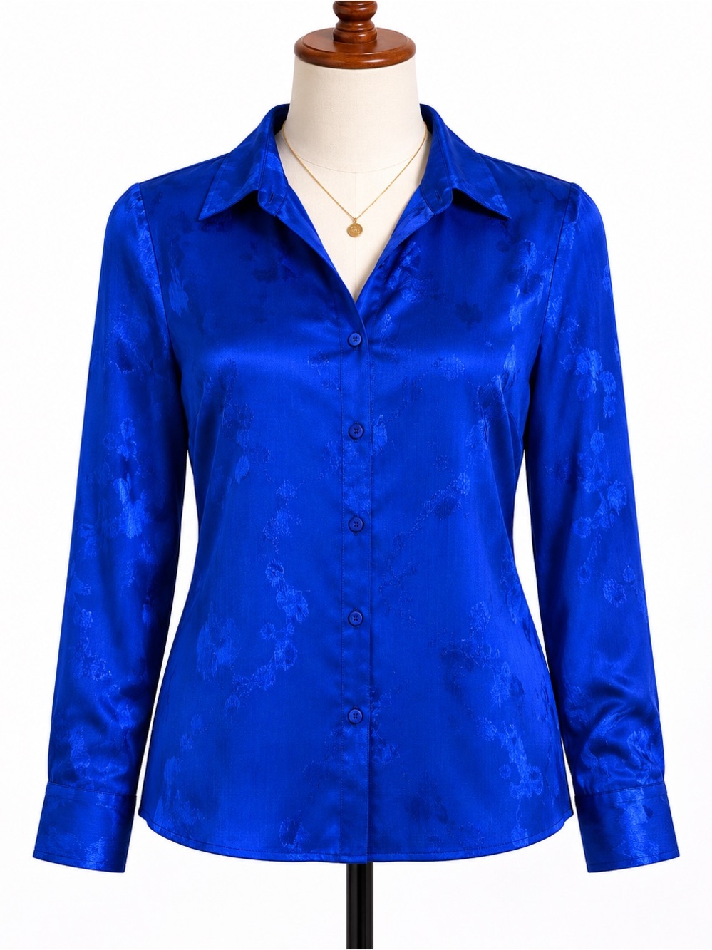 Zara Royal Blue Satin Jacquard Button Front Blouse Size XS